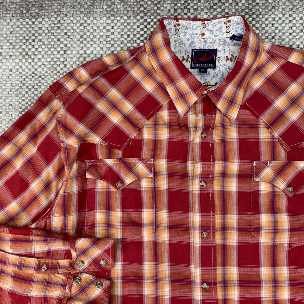 Roper Western Snap Shirt Mens 2XL Red Plaid Raw Hem Pearl Snap Cowboy Top